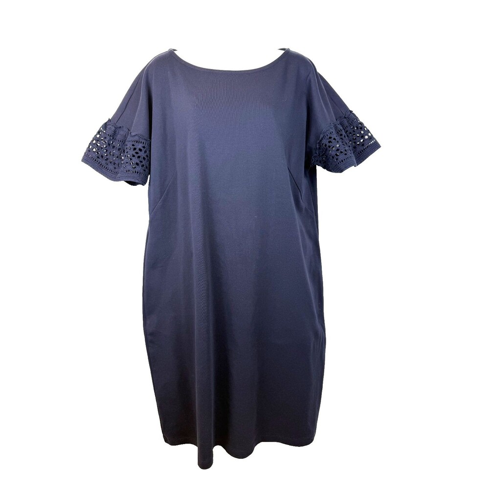 Talbots Navy Knit Dress 1XP Plus Petite Interlock Eyelet Lace Sleeve Shift Midi